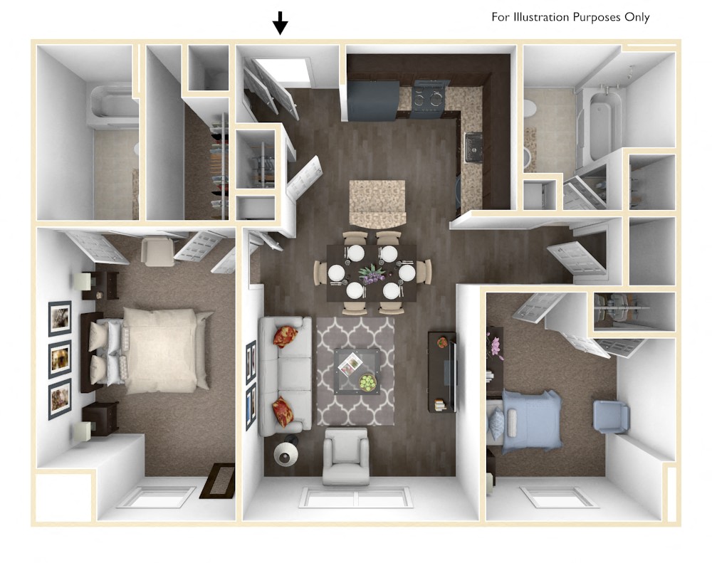 Floor plan for 2 beds, 2 baths, 866 sqft